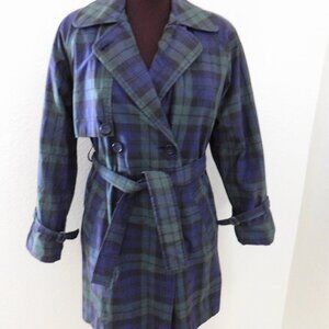 Talbots Plaid Purple/Blue Green Double Breasted Lined Belted Trench Coat Size XS